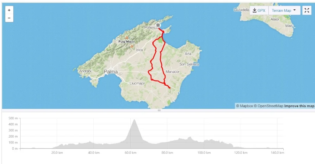 Map of Sal Salvador cycling route for day three of the Tour de Mallorca