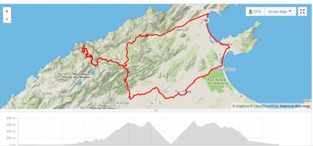The route taken on the tour de Mallorca, including the climb of Sa Calobra.
