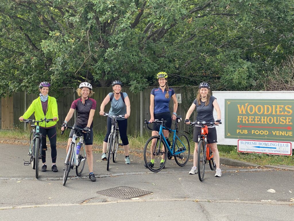 Women's Intro ride cyclists ready for the off at starting point of Woodies freehouse. Run by New Malden Velo Women's cycle group.