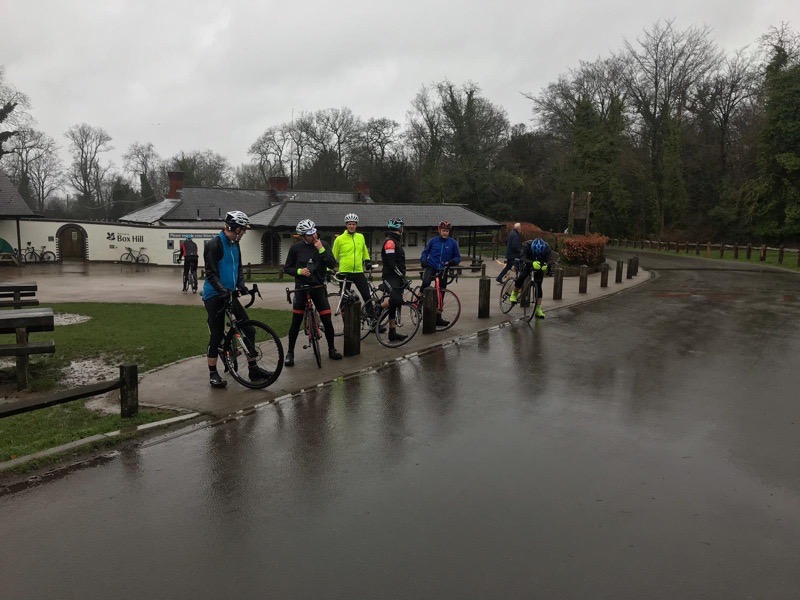 NMV cyclists at the top of Box Hill in the Surrey Hills on the very wet and windy ride.