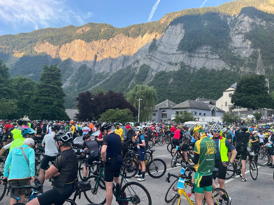 Gathering with others before the start of the Marmotte ride 2023