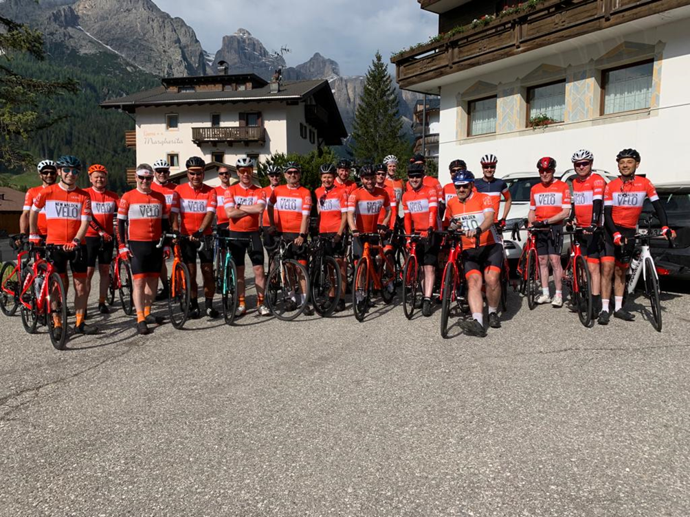 Team shot of club members ready for the first ride of the club trip to the Dolomites.