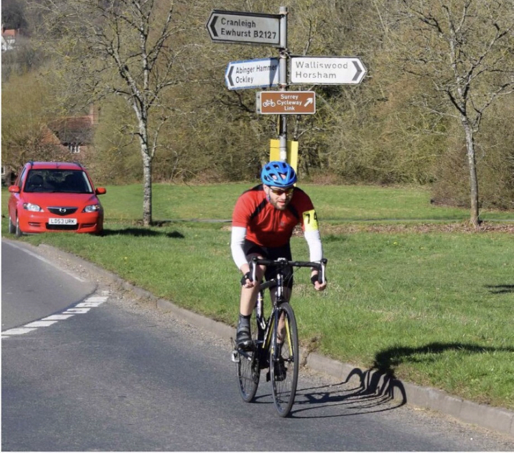 Tom Pemberton cycling in a Surrey Hills Cycling Time trial near Leith Hill.